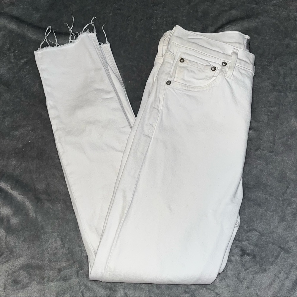 Agolde Nico High Rise Slim Fit White Denim Jeans Raw Hem Women’s Size 28